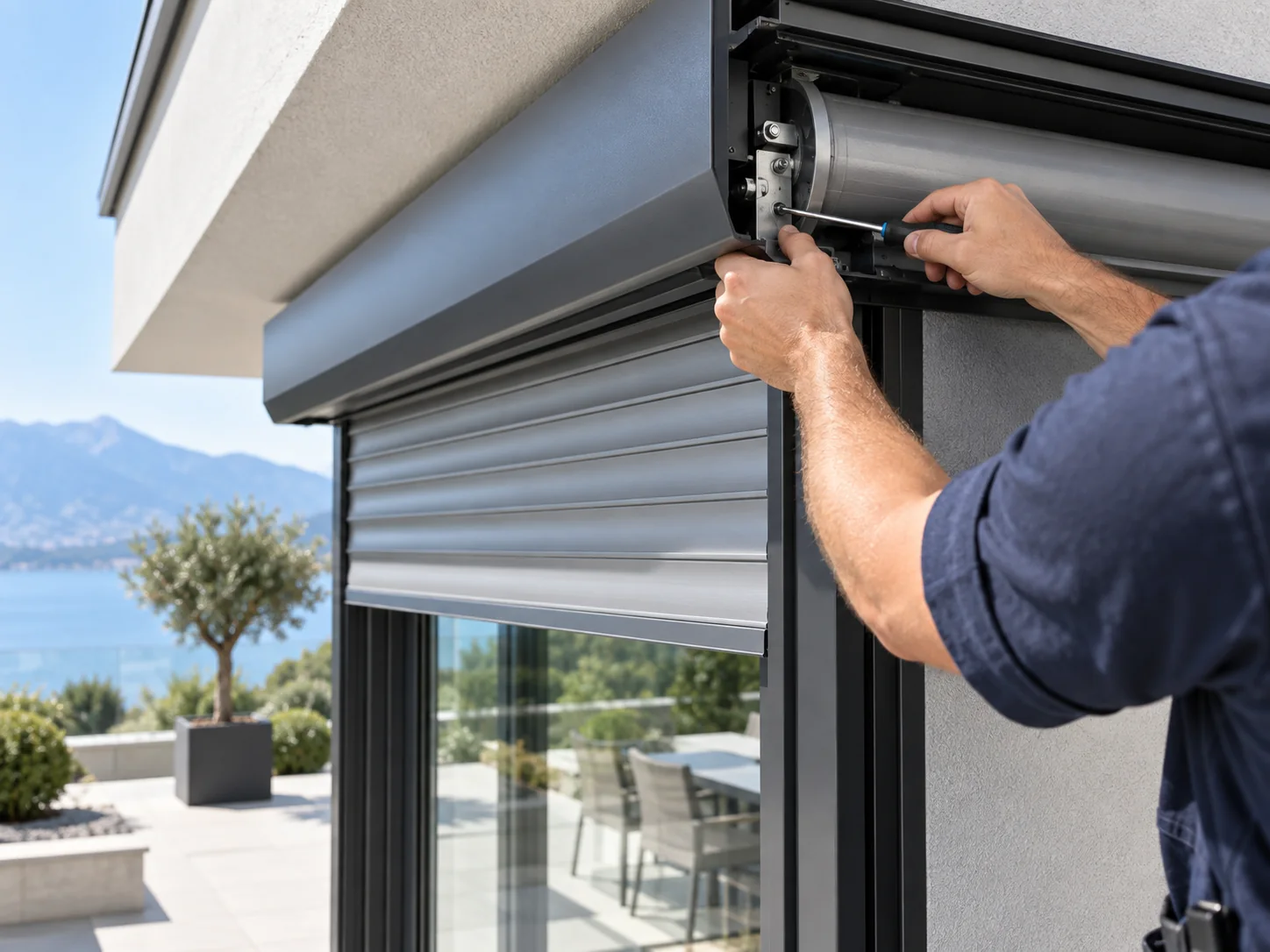 Profissional fazendo manutenção em um toldo externo